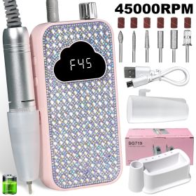 Professional Rechargeable Nail Drill Machine: 45000RPM Glitter Portable Cordless Nail Drill (Color: Pink)